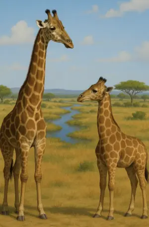 Dos jirafas se miran frente a frente; la alta le da un consejo tecnológico a la de cuello corto.